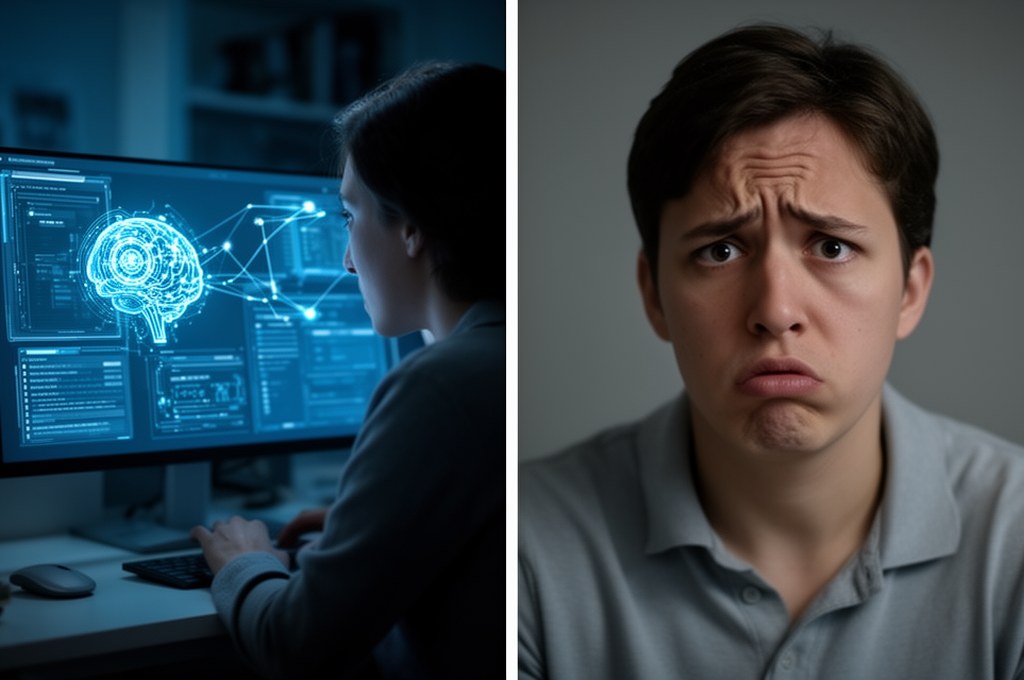 A split screen showing a person confidently reading a screen on the left (with AI assistance) and lo