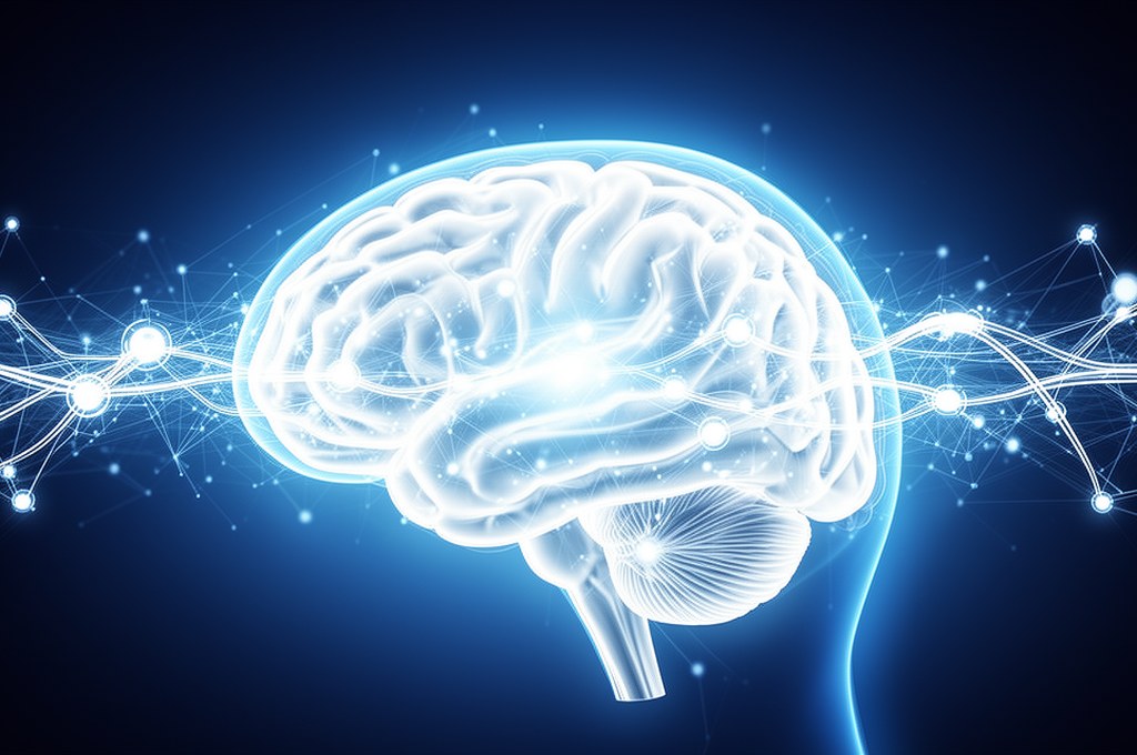 An abstract representation of a human brain connecting with a neural network, symbolizing symbiotic 