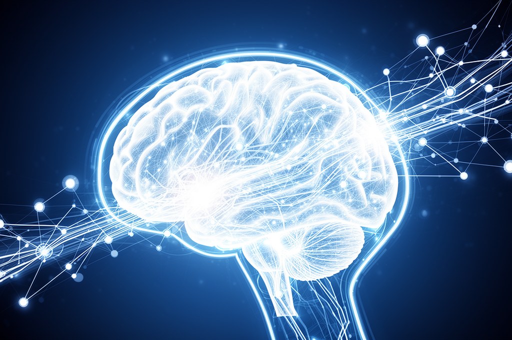 An abstract representation of a human brain connecting with a neural network, symbolizing symbiotic 