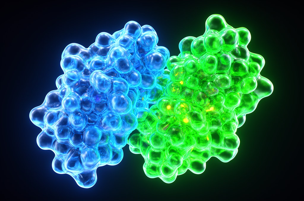 3D molecular docking scene with protein binding pocket and small molecule ligand, glowing interactio