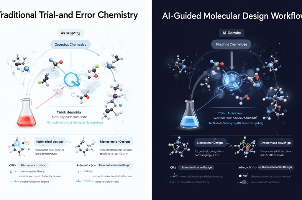 Split-screen concept of AI neural network and chemical reaction mechanism diagrams, clean whiteboard