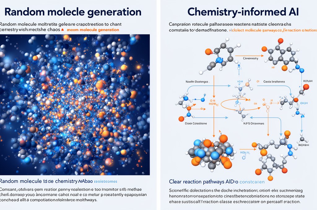 Comparison concept art: random molecule generation chaos versus chemistry-informed AI with clear rea