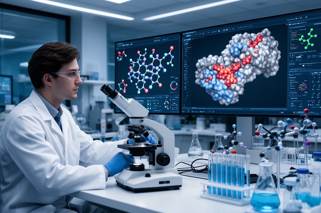 Medicinal chemist and AI system co-designing drug molecules with protein docking visualization, mode