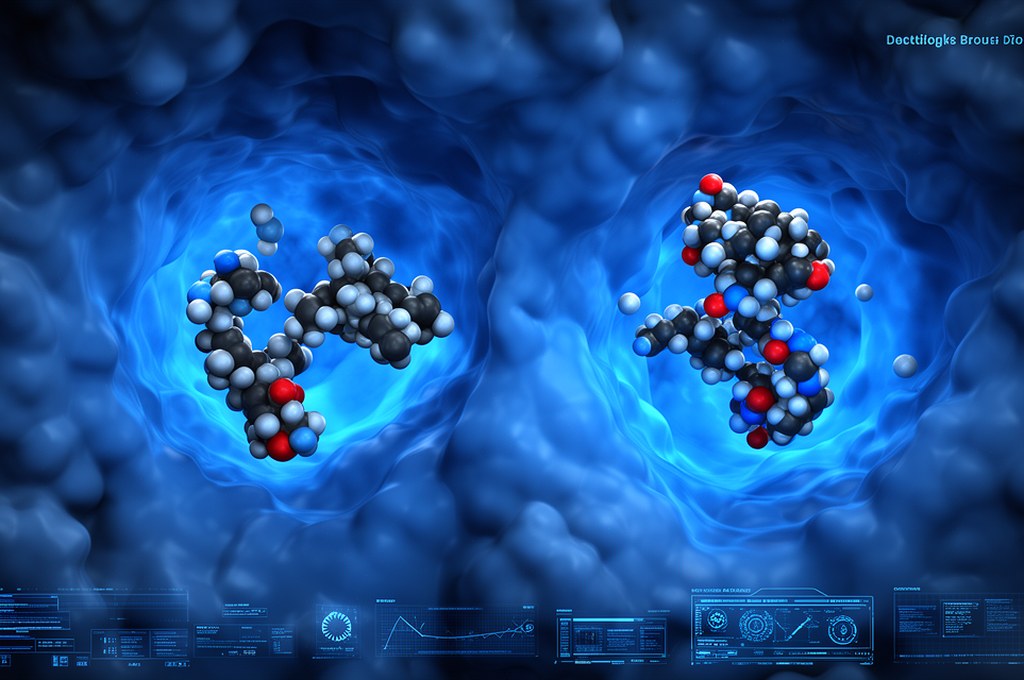 AI model comparing 3D drug molecule shapes docking into protein pockets, scientific visualization, h