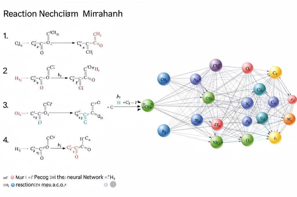 Step-by-step reaction mechanism flowchart merging with neural network nodes, clean scientific infogr