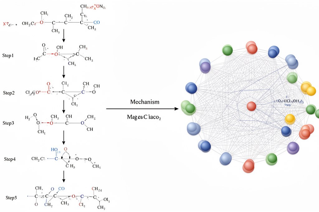 Step-by-step reaction mechanism flowchart merging with neural network nodes, clean scientific infogr