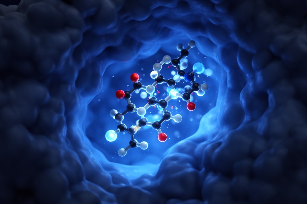 3D molecular docking visualization, drug molecule fitting into protein binding pocket, glowing atoms