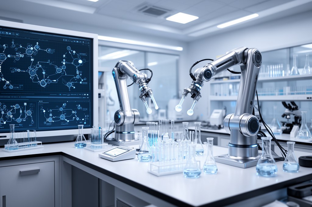 Autonomous AI chemistry platform with robotic arms performing synthesis, digital twin dashboards, re