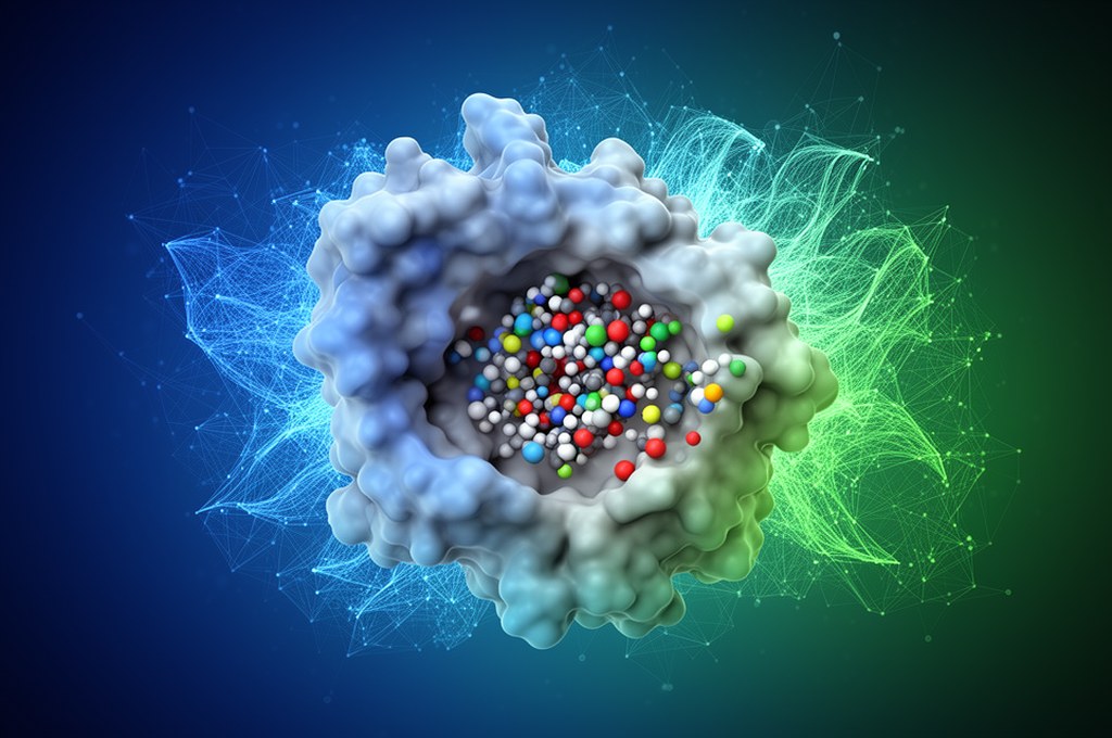 3D molecular docking scene, protein binding pocket and candidate drug molecules, AI neural network o