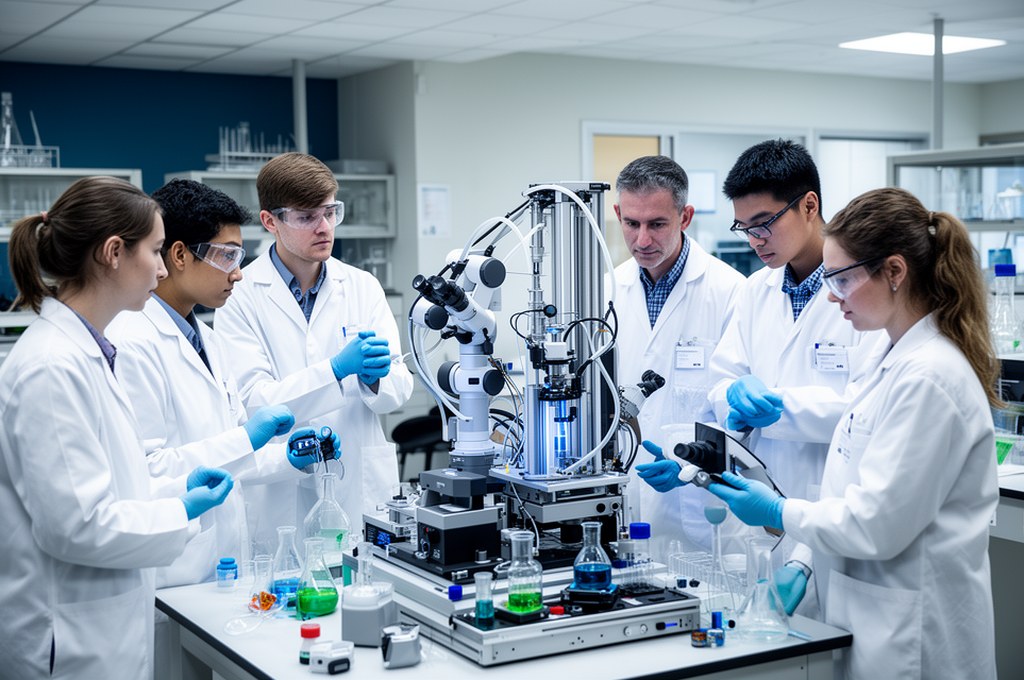 Interdisciplinary team of chemists and AI engineers collaborating around robotic lab automation syst