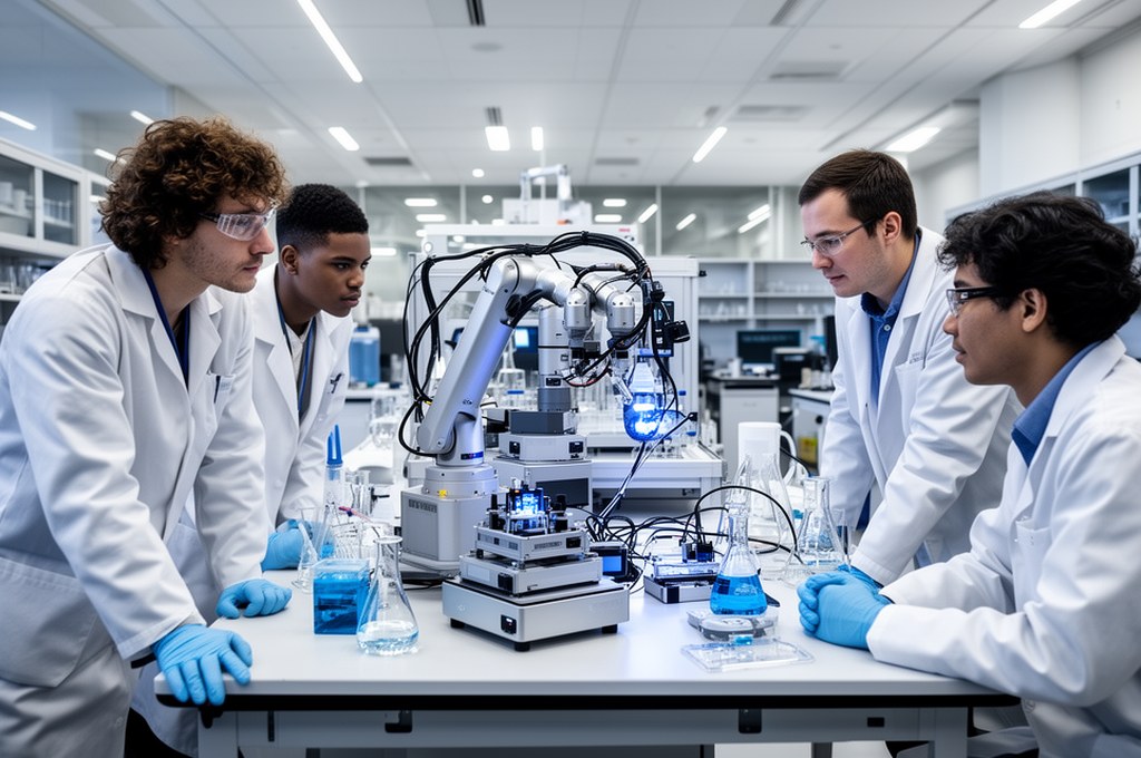 Interdisciplinary team of chemists and AI engineers collaborating around robotic lab automation syst