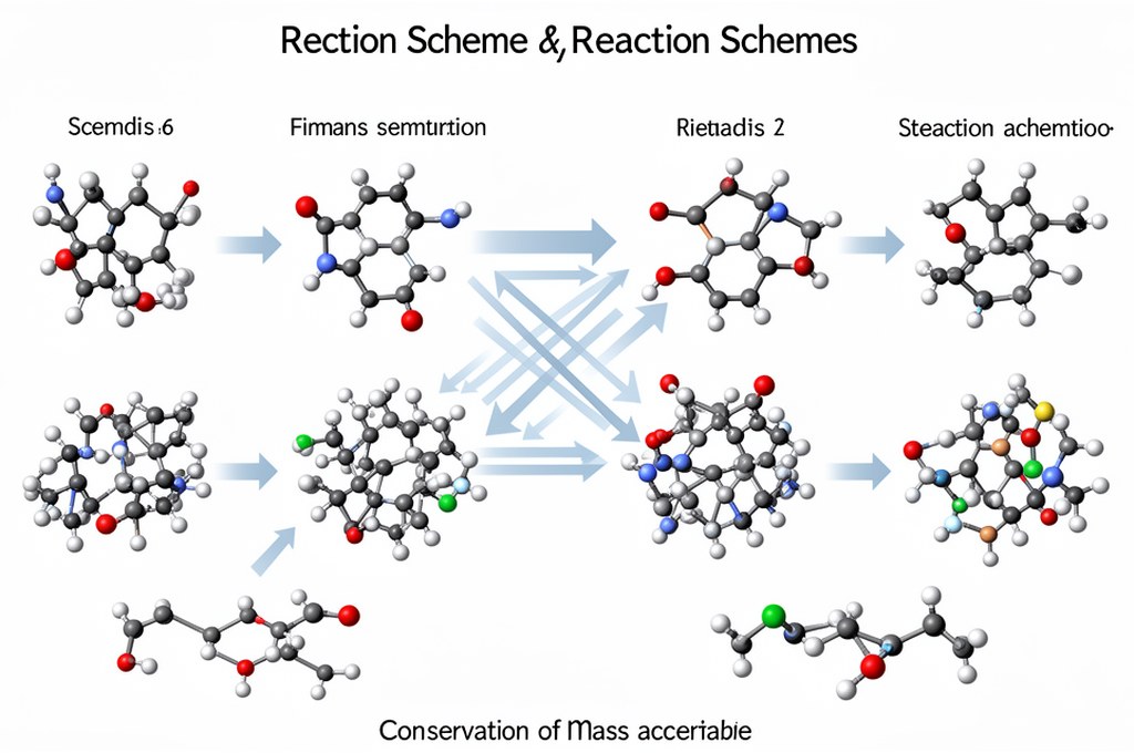 Neural network transforming reaction schemes into molecular products, with arrows, atoms, and conser