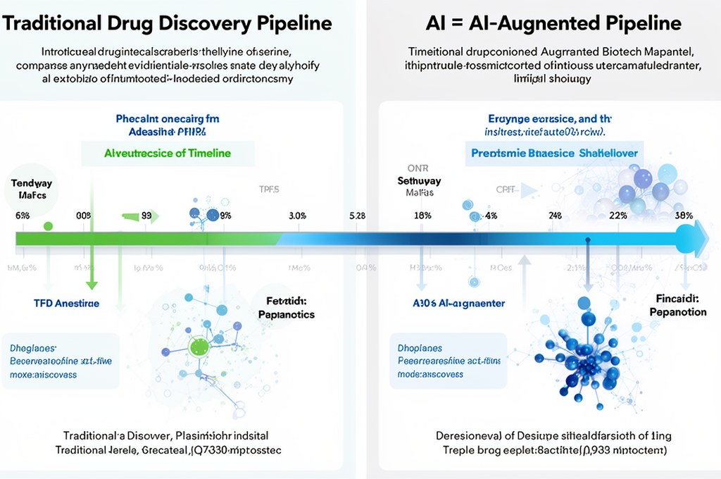 Comparison chart concept showing traditional drug discovery pipeline vs AI-augmented pipeline, timel