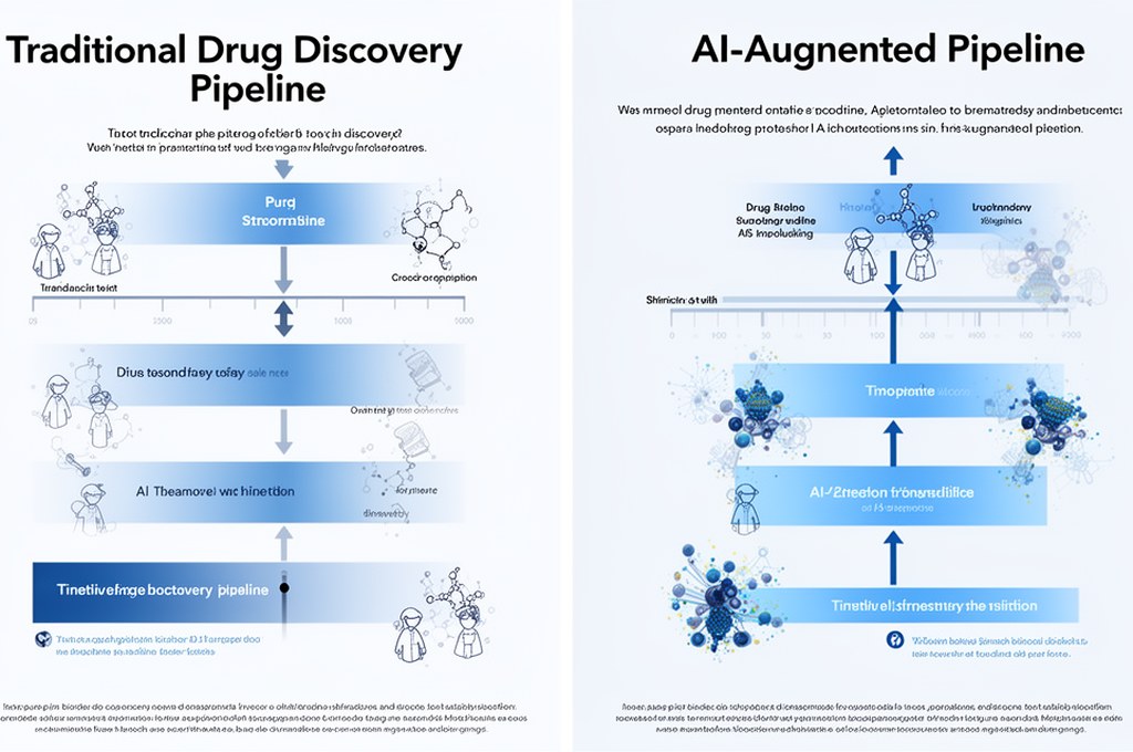 Comparison chart concept showing traditional drug discovery pipeline vs AI-augmented pipeline, timel