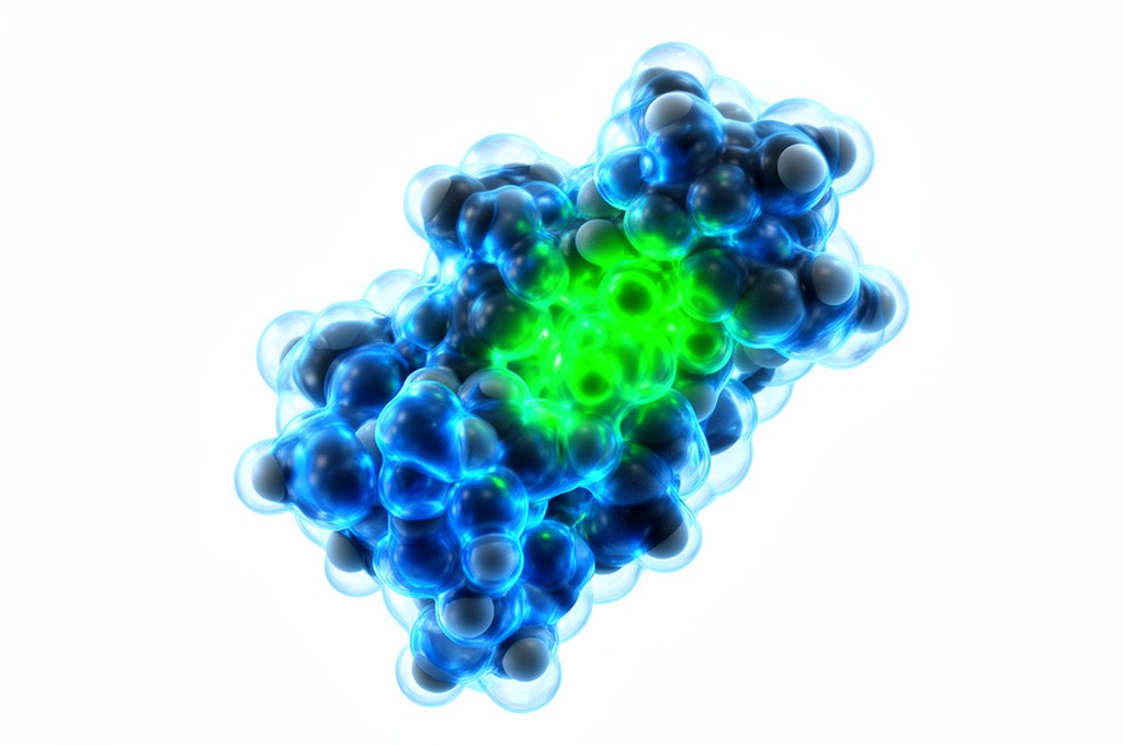 3D protein-ligand docking visualization with transparent molecular surfaces, neon blue and green sci
