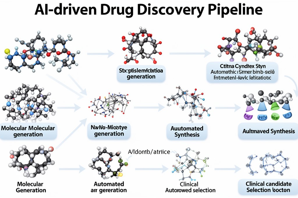 Split-screen concept of human chemist and AI co-pilot designing drug molecules together, modern biot