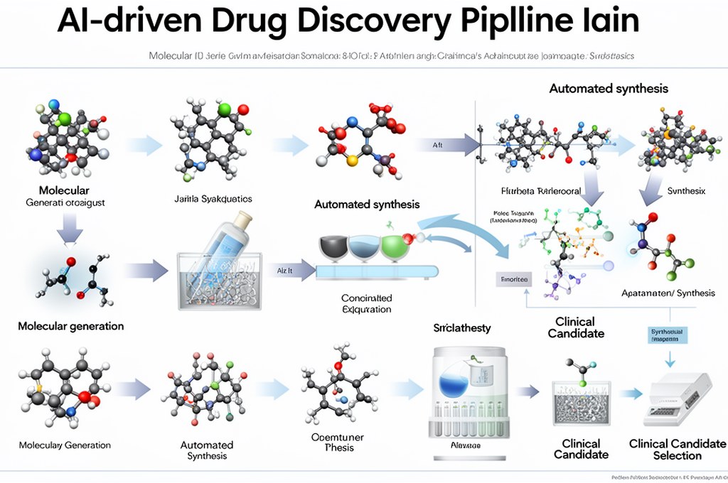 Split-screen concept of human chemist and AI co-pilot designing drug molecules together, modern biot