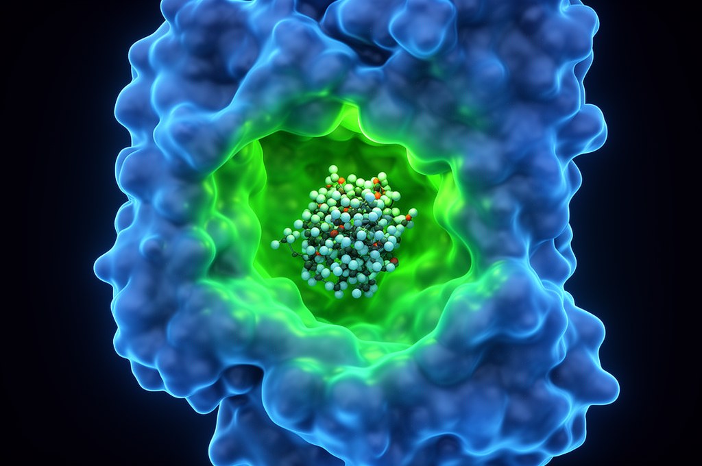3D molecular interaction between small molecule drug candidate and protein pocket, scientific visual