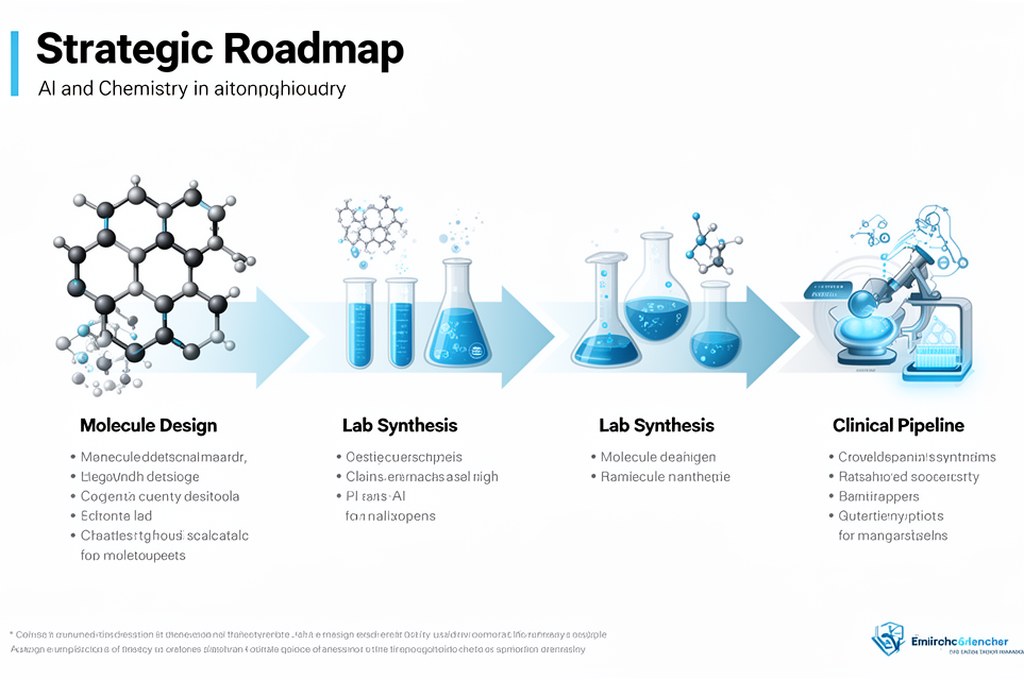 AI and chemist collaboration concept, human scientist and robotic assistant reviewing reaction pathw