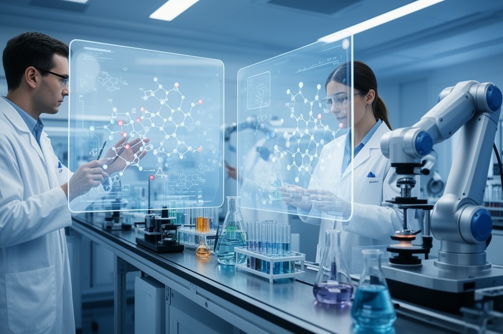 AI and chemist collaboration concept, human scientist and robotic assistant reviewing reaction pathw