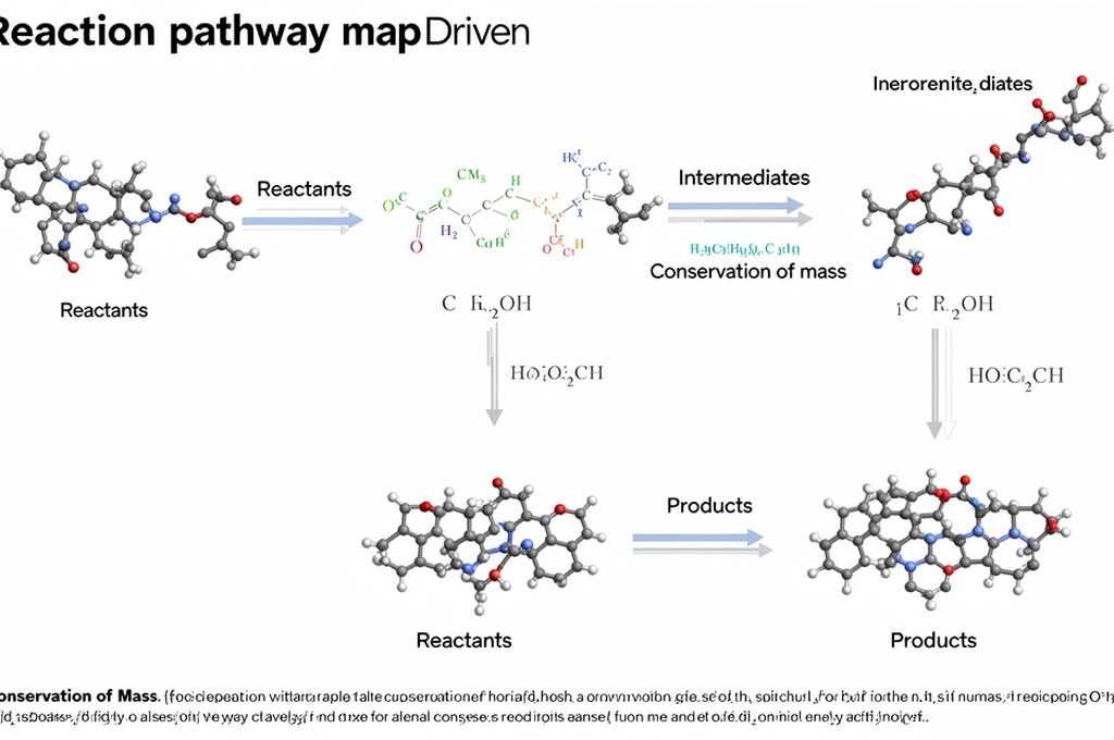 AI-driven reaction pathway map showing reactants, intermediates, and products with conservation of m