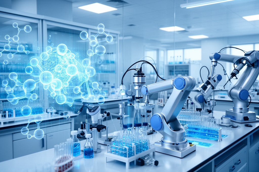 Pharmaceutical R&D pipeline transformed by AI, from molecule generation to automated synthesis robot
