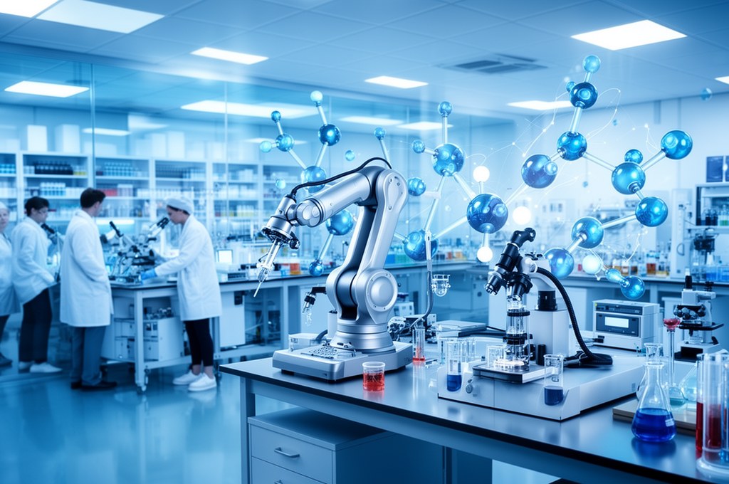 Pharmaceutical R&D pipeline transformed by AI, from molecule generation to automated synthesis robot