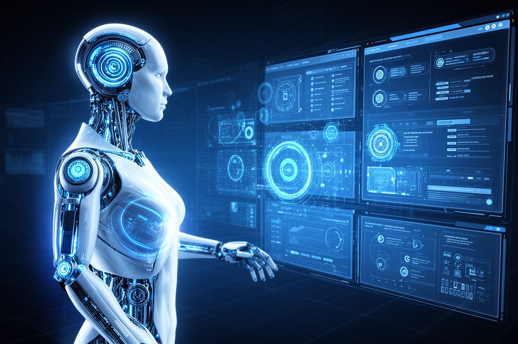 Futuristic AI agent management system concept
