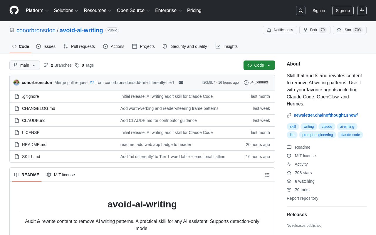 Интерфейс репозитория avoid-ai-writing с примерами до и после очистки текста