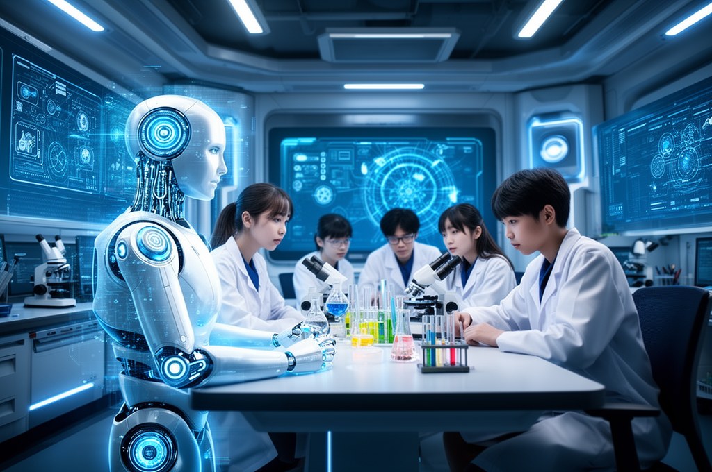 Futuristic educational environment with AI and science students collaborating