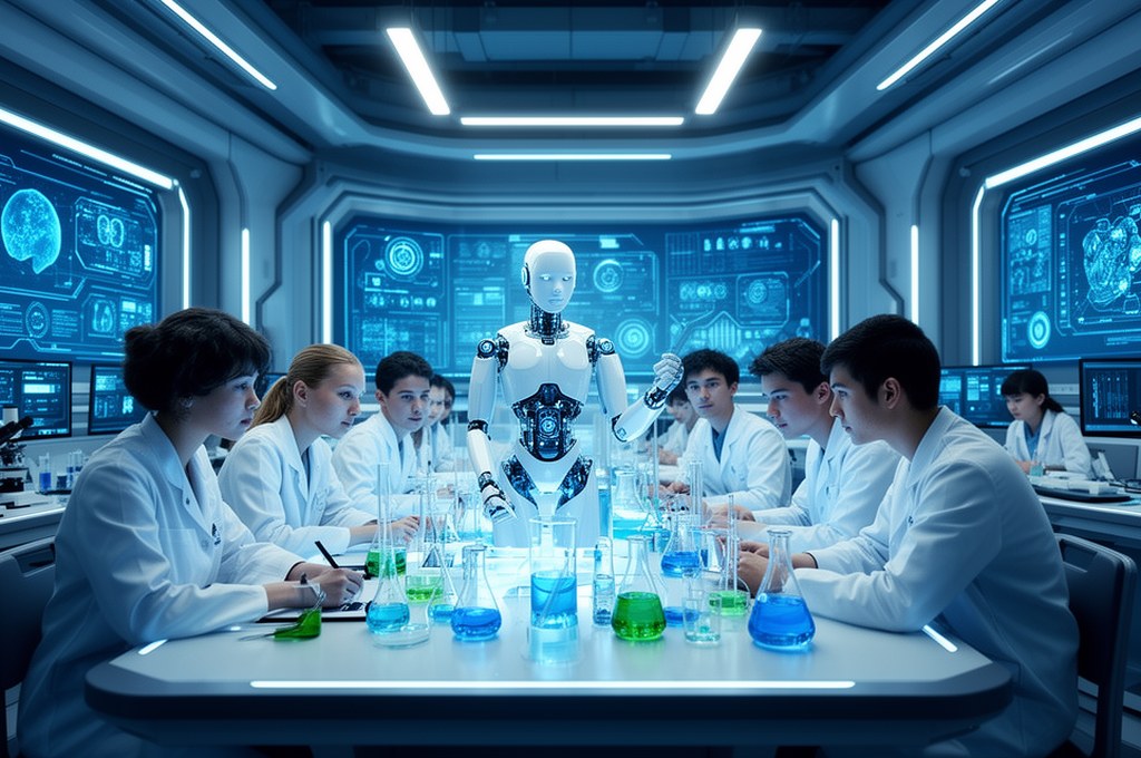 Futuristic educational environment with AI and science students collaborating