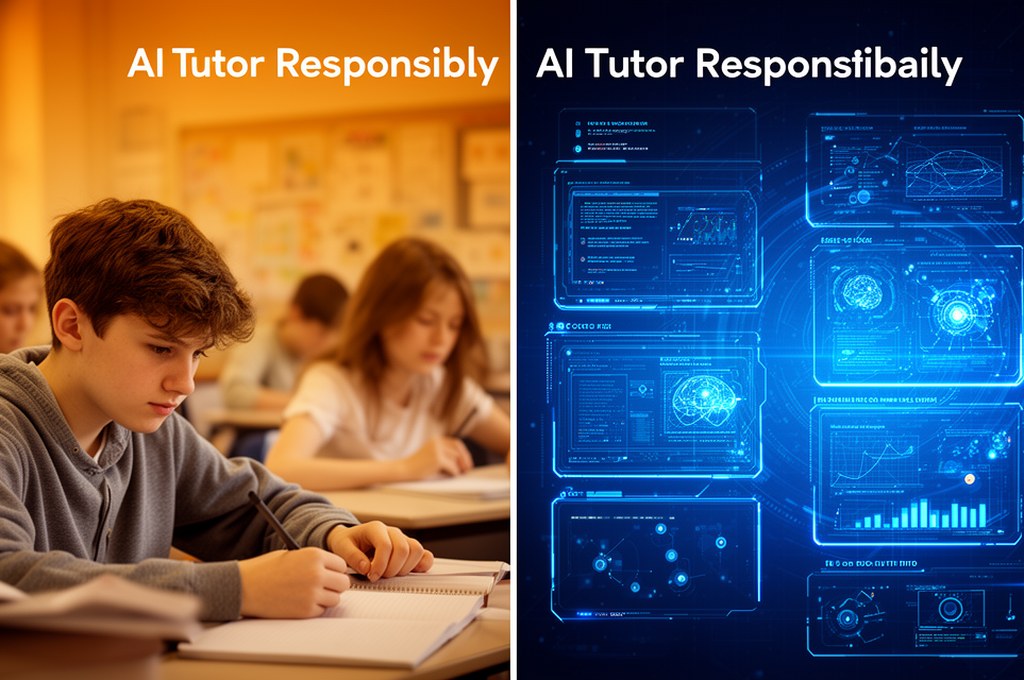 student using AI tutor responsibly, split view between cognitive struggle and guided learning, warm 