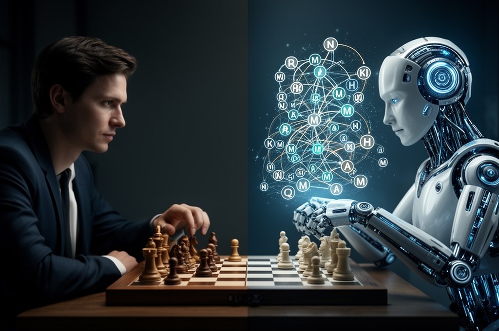 human and AI playing chess together, AI sees hidden future move tree while human sees confusing boar