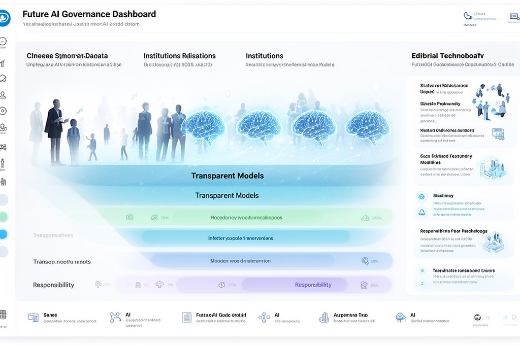 future AI governance dashboard with humans, institutions, transparent models and responsibility laye