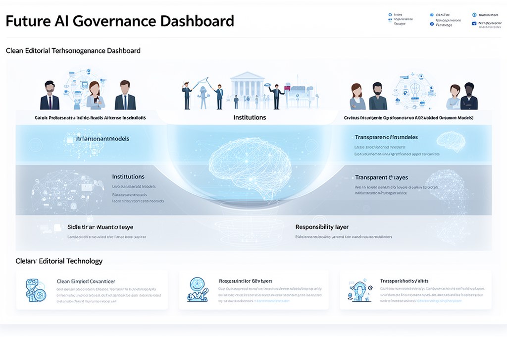 future AI governance dashboard with humans, institutions, transparent models and responsibility laye