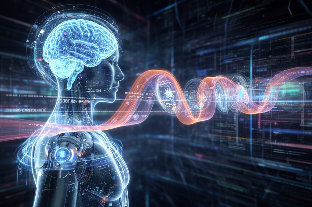 Futuristic concept of AI with distorted timelines and biases
