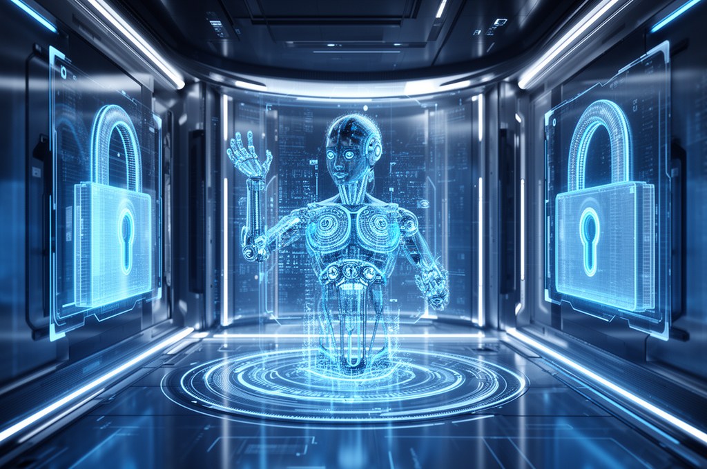 futuristic concept of AI agent security system with digital locks