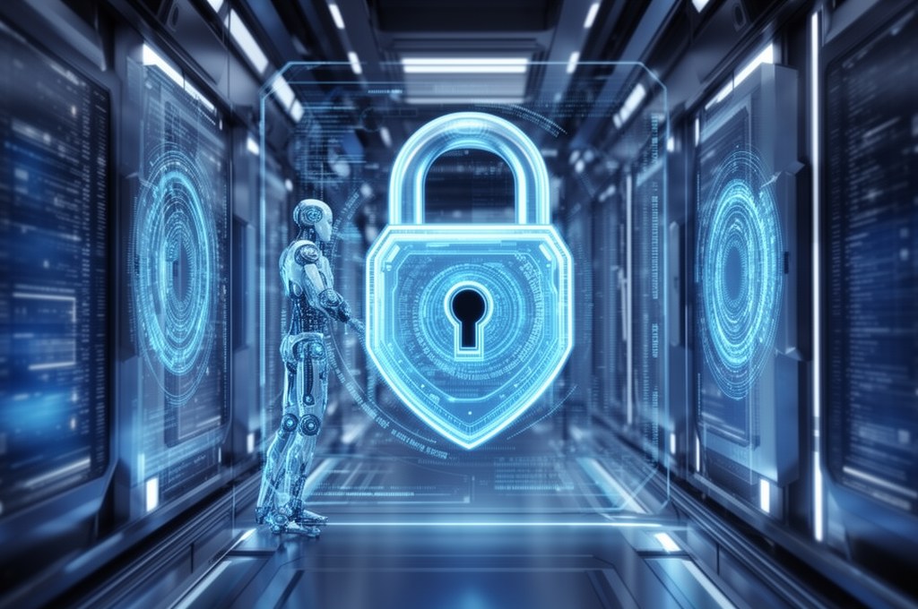 futuristic concept of AI agent security system with digital locks