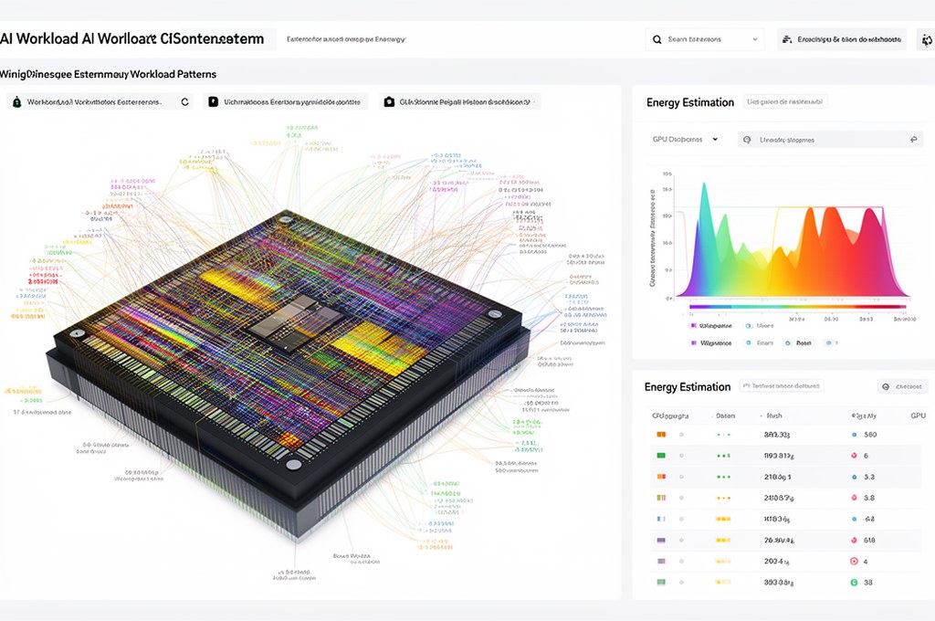 Abstract visualization of AI workload patterns mapped onto a GPU chip, energy estimation dashboard, 
