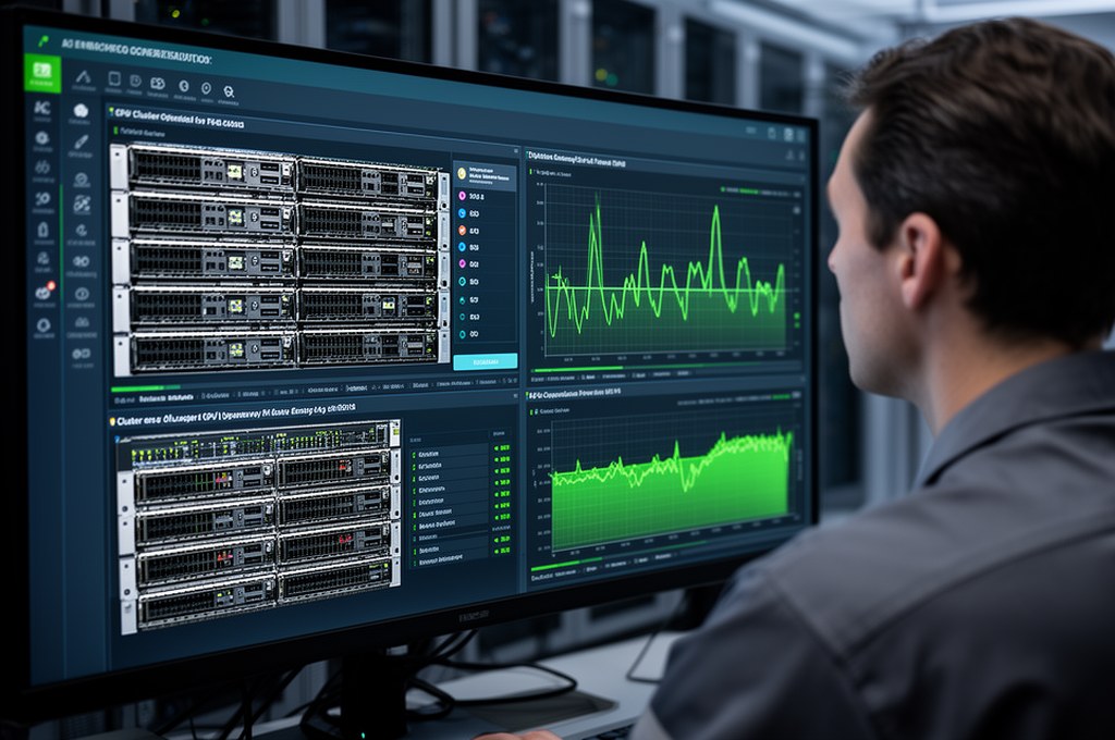 Data center operator viewing an AI energy optimization dashboard with GPU clusters and power usage p