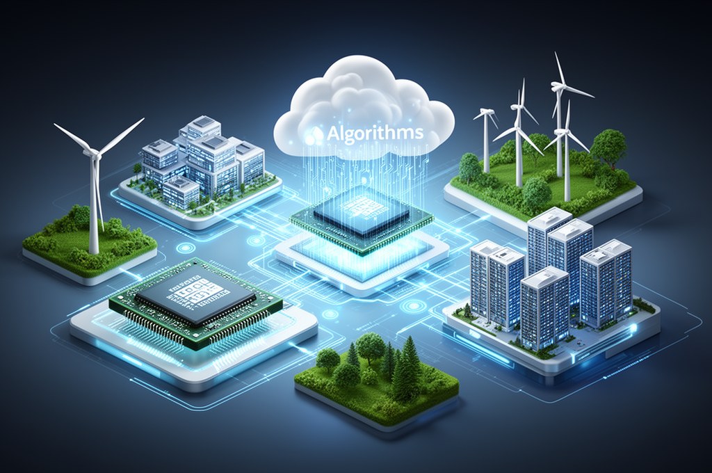 Futuristic sustainable AI ecosystem showing chips, algorithms, cloud data centers and renewable ener