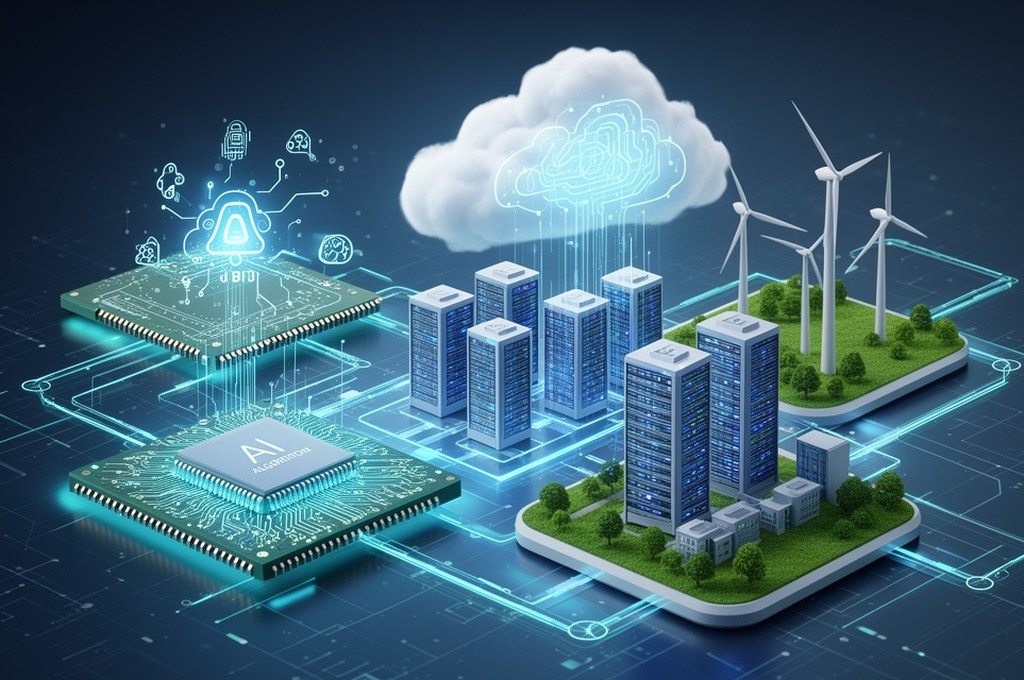 Futuristic sustainable AI ecosystem showing chips, algorithms, cloud data centers and renewable ener