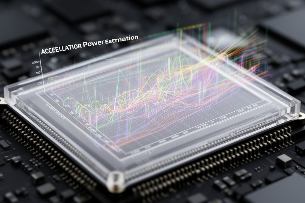 close-up of AI accelerator chip with transparent overlay showing power estimation graphs and data st