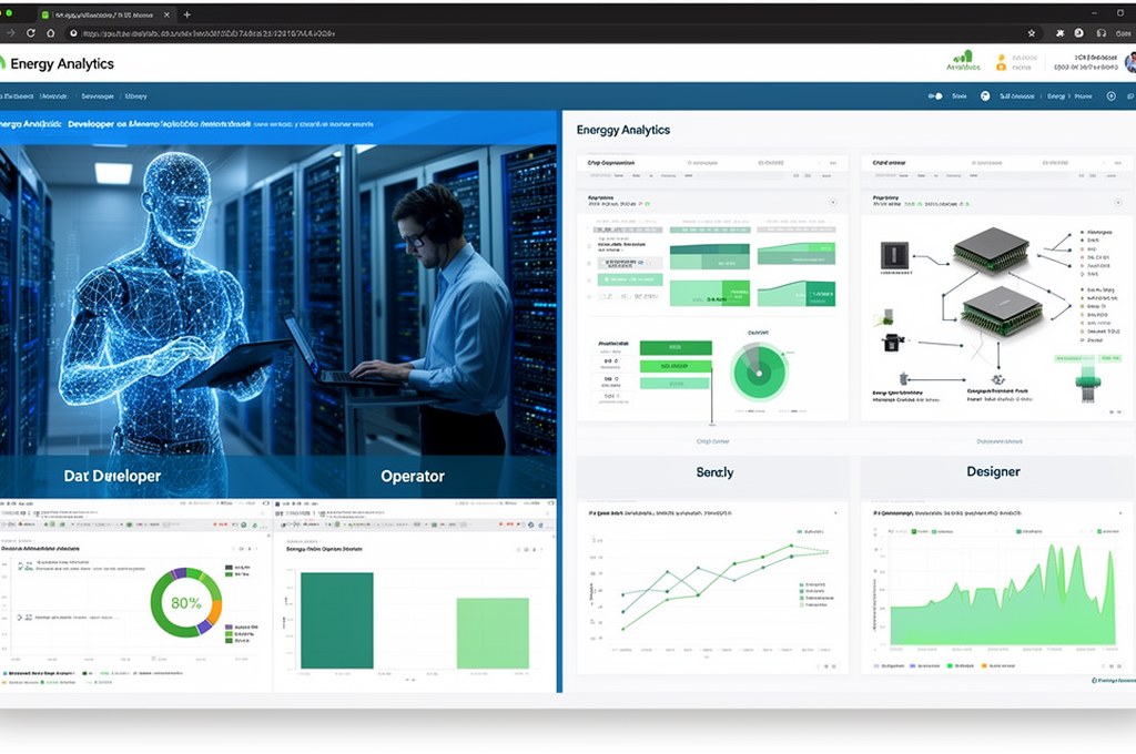 split screen showing AI model developer, data center operator, and chip designer connected by energy