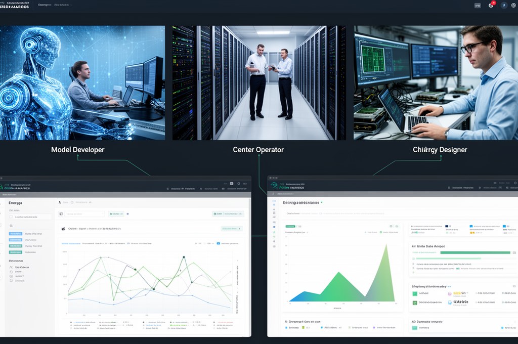 split screen showing AI model developer, data center operator, and chip designer connected by energy