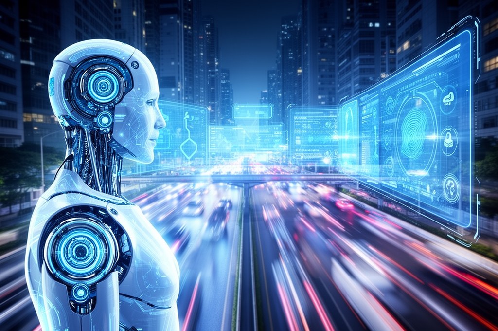 Futuristic concept of AI evaluating ethical dilemmas in urban traffic systems