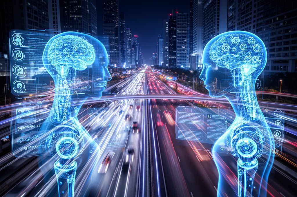 Futuristic concept of AI evaluating ethical dilemmas in urban traffic systems