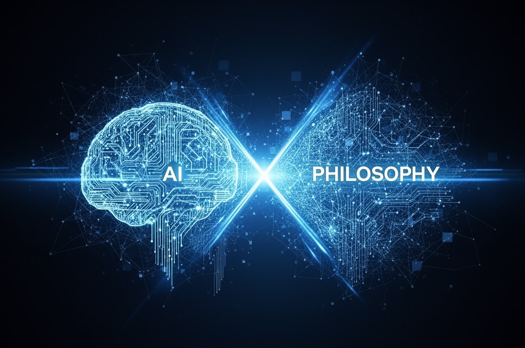 an abstract representation of AI and philosophy intersecting