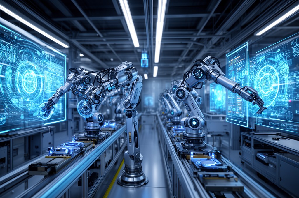 Futuristic robot assembly line with advanced AI systems