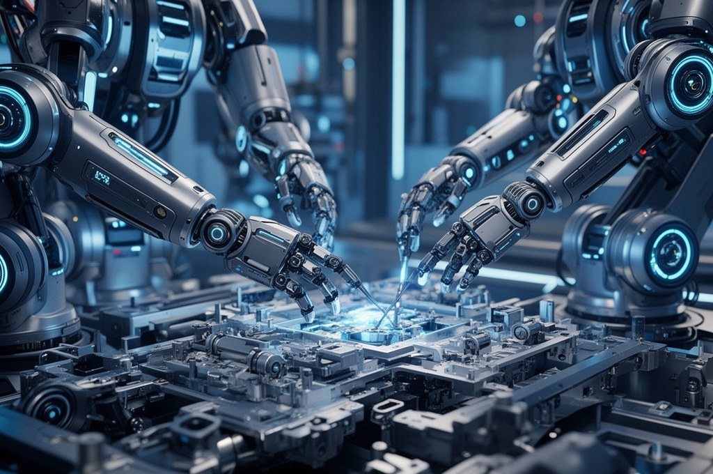 futuristic robots collaborating in a complex assembly task